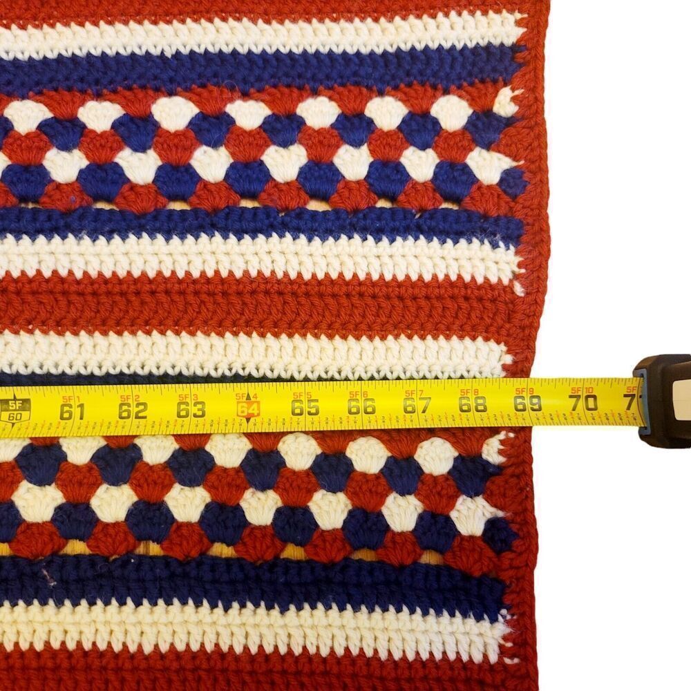 Vtg Knit Crocheted Blanket Throw Afghan 43" x 69" Red White Blue Stripes 70's - Picture 3 of 4